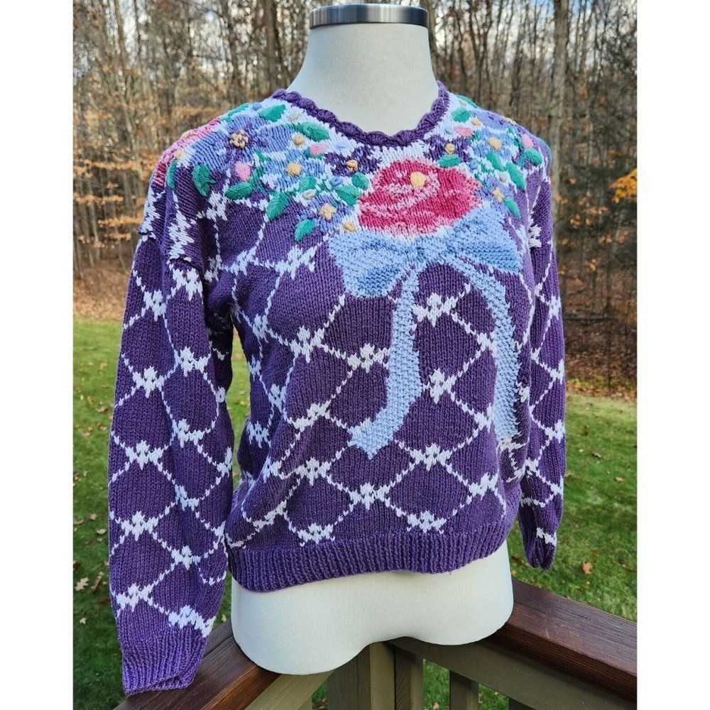 Signatures By Northern Isles Sweater 1990s Floral Bow Hand Knit Cotton Medium - Picture 4 of 7